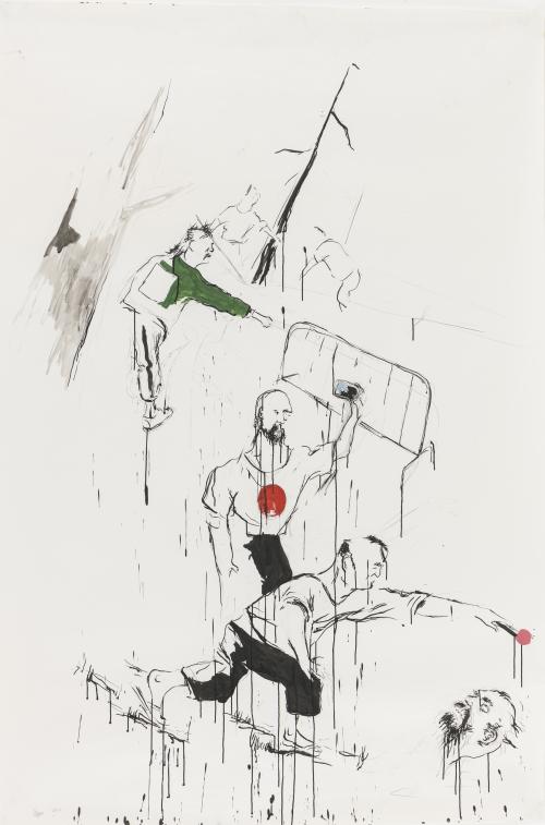 Livingstone Gallery: Aaron van Erp, Interview met het hoofd van Klaus Stortebeker, pencil, ink, water colour on paper, 225 x 150 cm, 2015.