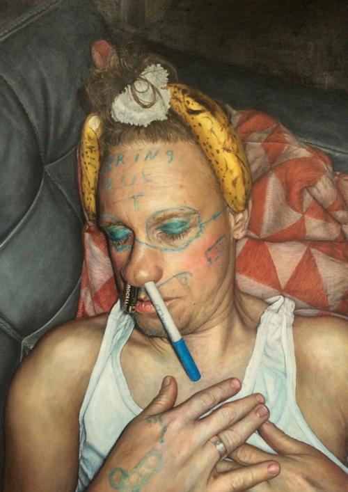 Galerie Maurits van de Laar: Kim Hospers, Esse Est Percipi Whatever (Selfportrait with 2 bananas), colourpencil and watercolour on paper, 107x74cm, 2017.