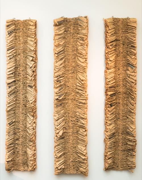 Galerie La Forest Divonne: Bernadette Chéné, Les 6 jours du Monde, papier journal tresse, 3x(250x60cm), 1989.