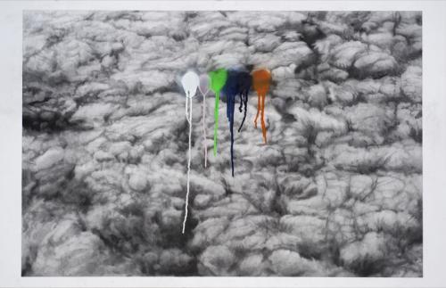 Meessen De Clercq: Thu Van Tran, TranRainbow herbicides, Graphite on Canson paper, spray can paint, 81 x 123cm, 2015.